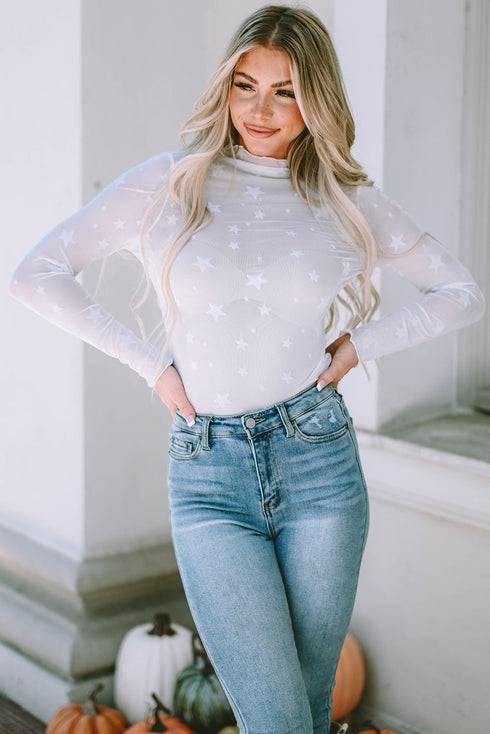 Star Embellished Sheer Mesh Long Sleeve Top